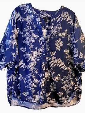 Talbots Womens Button Front Poplin Shirt Pencil Butterfly White & Blue Size L